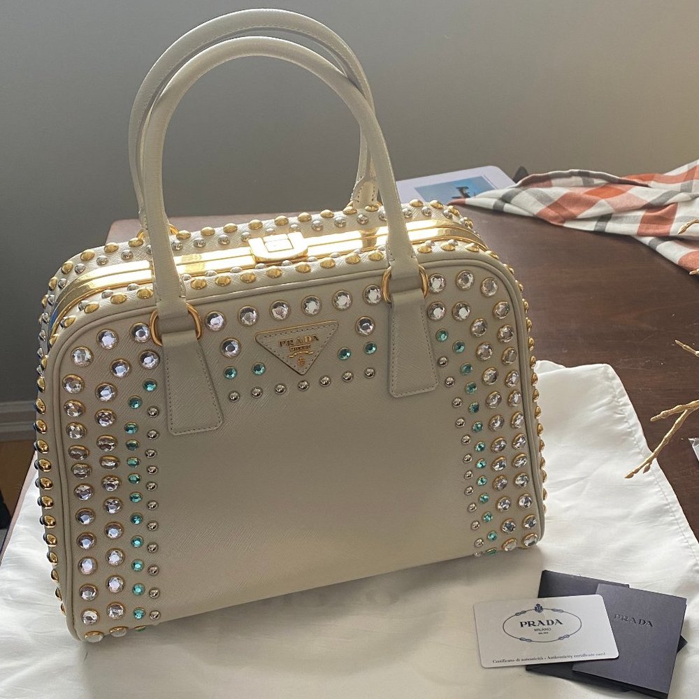 Prada Saffiano Off-White Pyramid Top Handle Bag